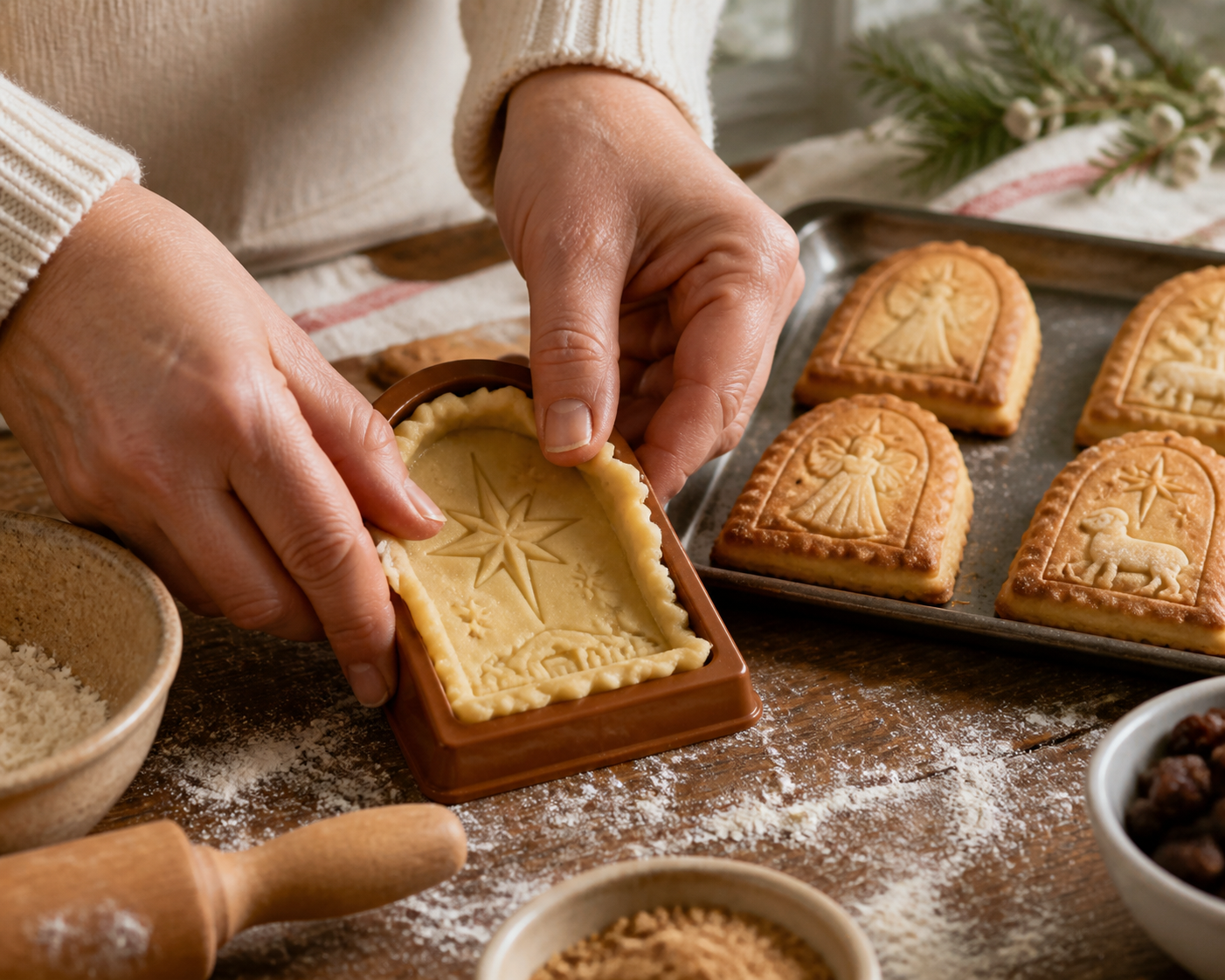 Pressing dough into nativity mini pie mold