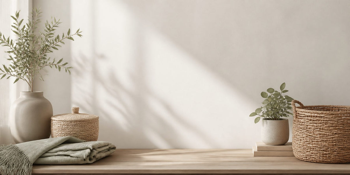 Sage-toned home essentials on a wooden table