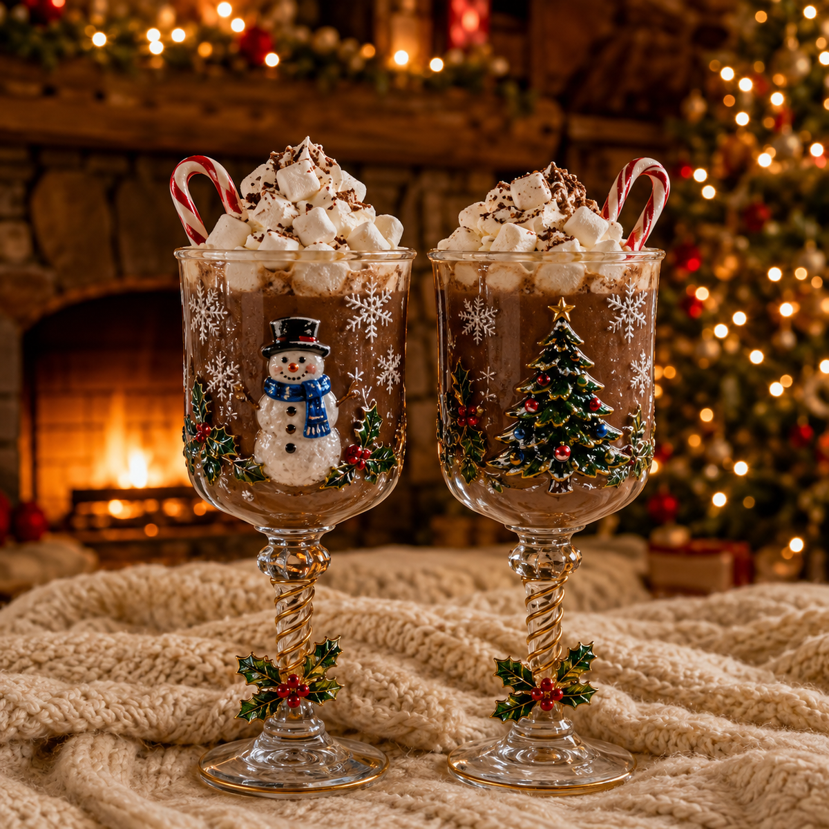 Christmas wine glasses filled with hot chocolate by the fire