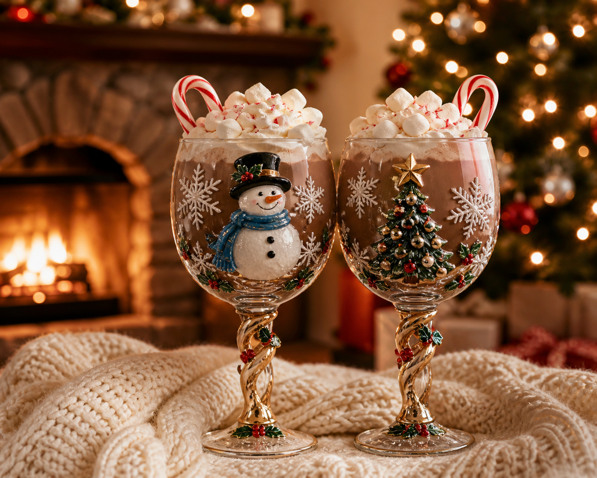 Christmas wine glasses filled with hot chocolate by the fire