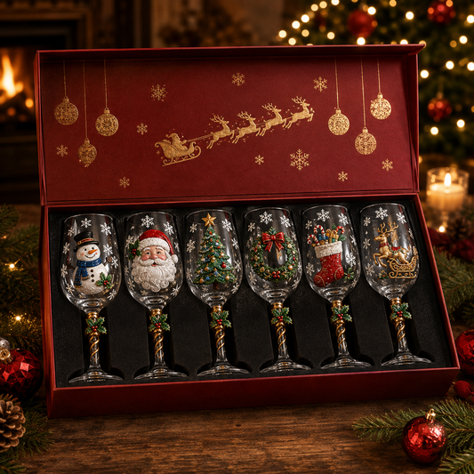 Six Christmas 3D wine glasses in a red and gold gift box