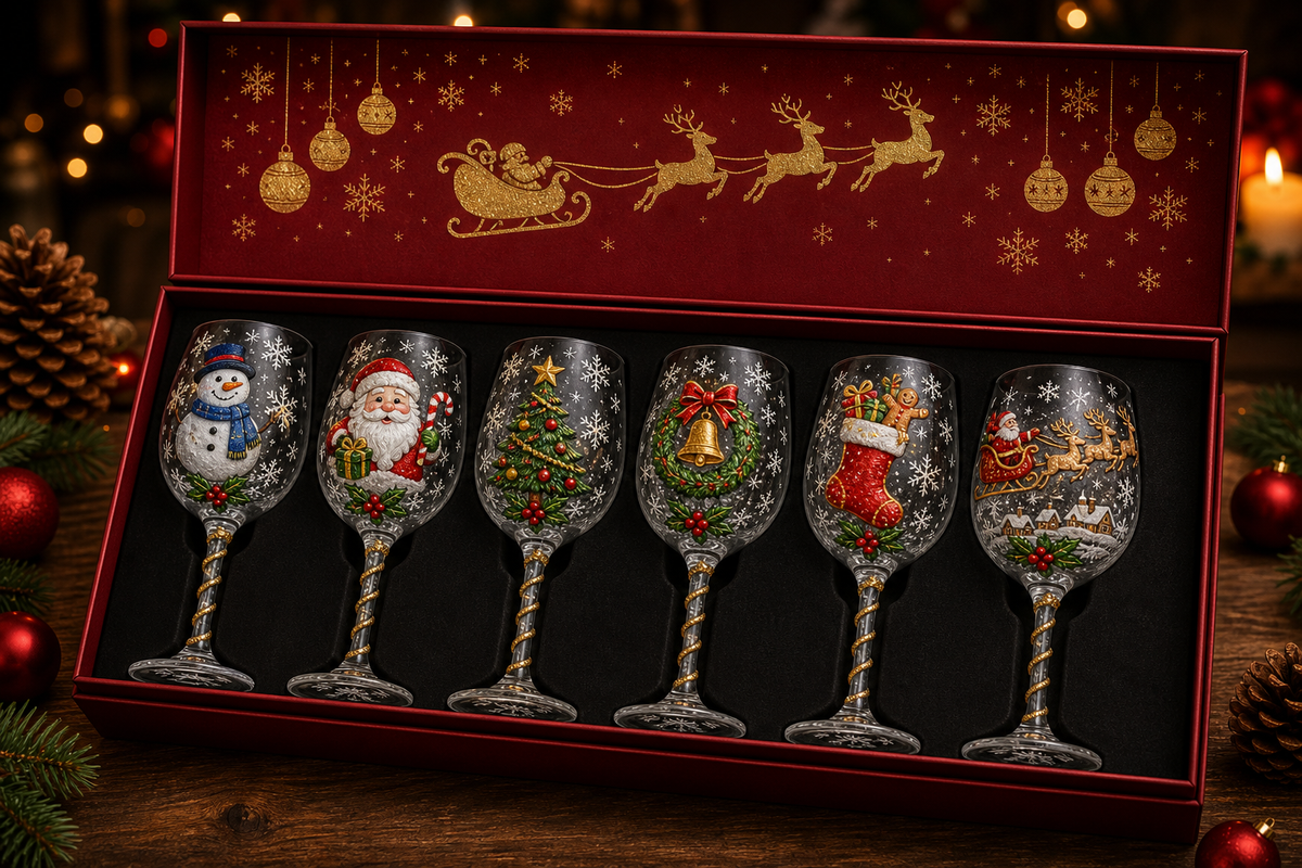 Six Christmas 3D wine glasses in a red and gold gift box