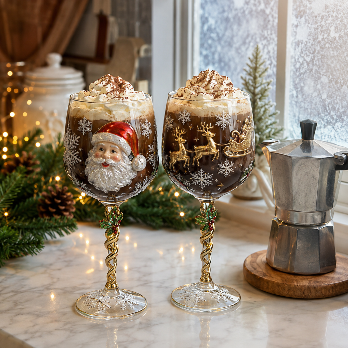 Christmas wine glasses with coffee on a kitchen counter