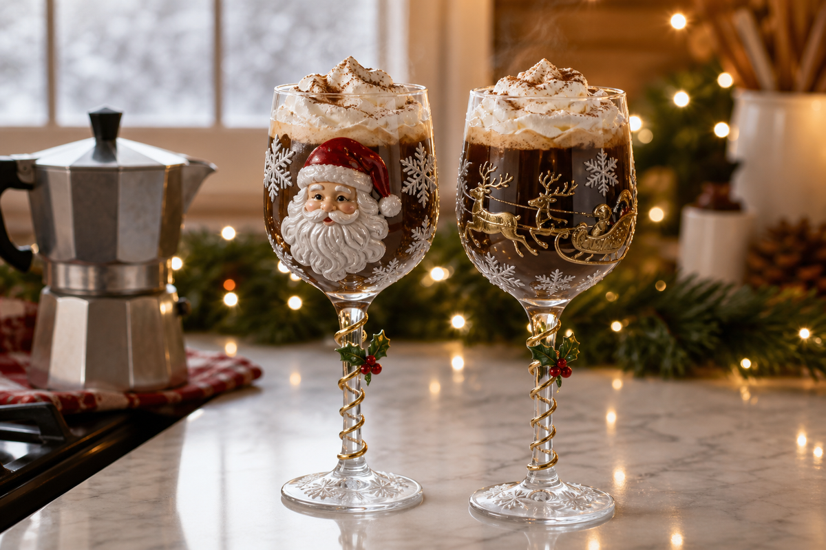 Christmas wine glasses with coffee on a kitchen counter