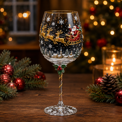 Christmas wine glass with raised 3D reindeer sleigh design