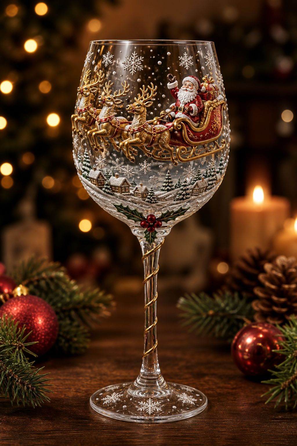 Christmas wine glass with raised 3D reindeer sleigh design