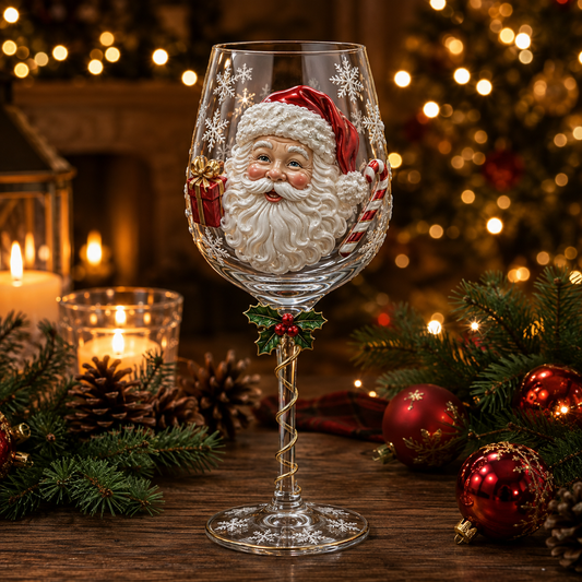 Christmas wine glass with raised 3D Santa Claus design