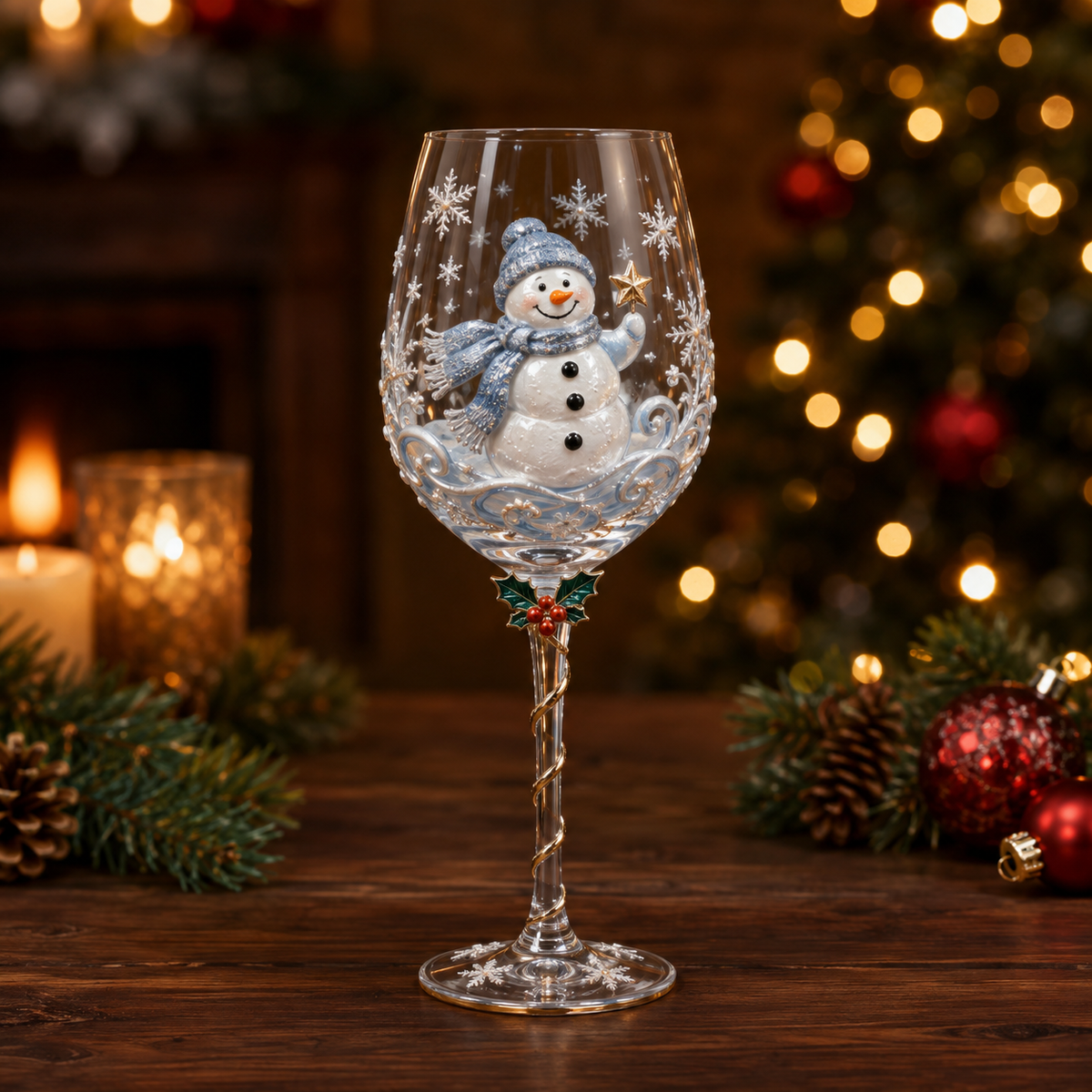 Christmas wine glass with raised 3D snowman design