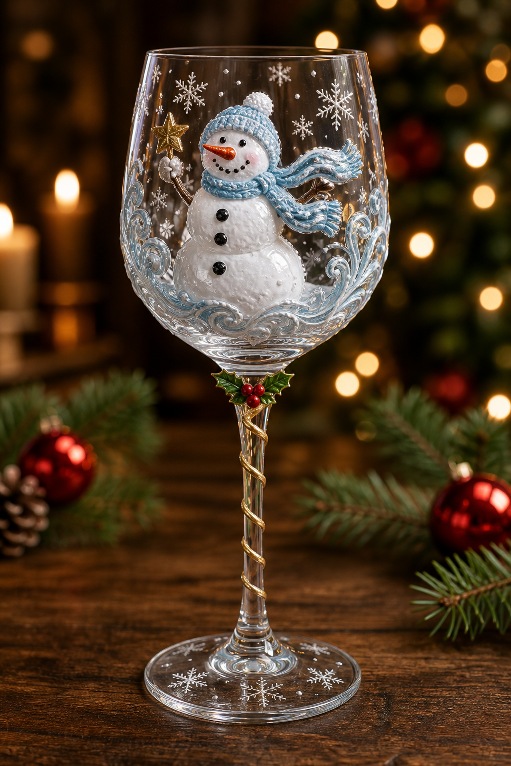 Christmas wine glass with raised 3D snowman design