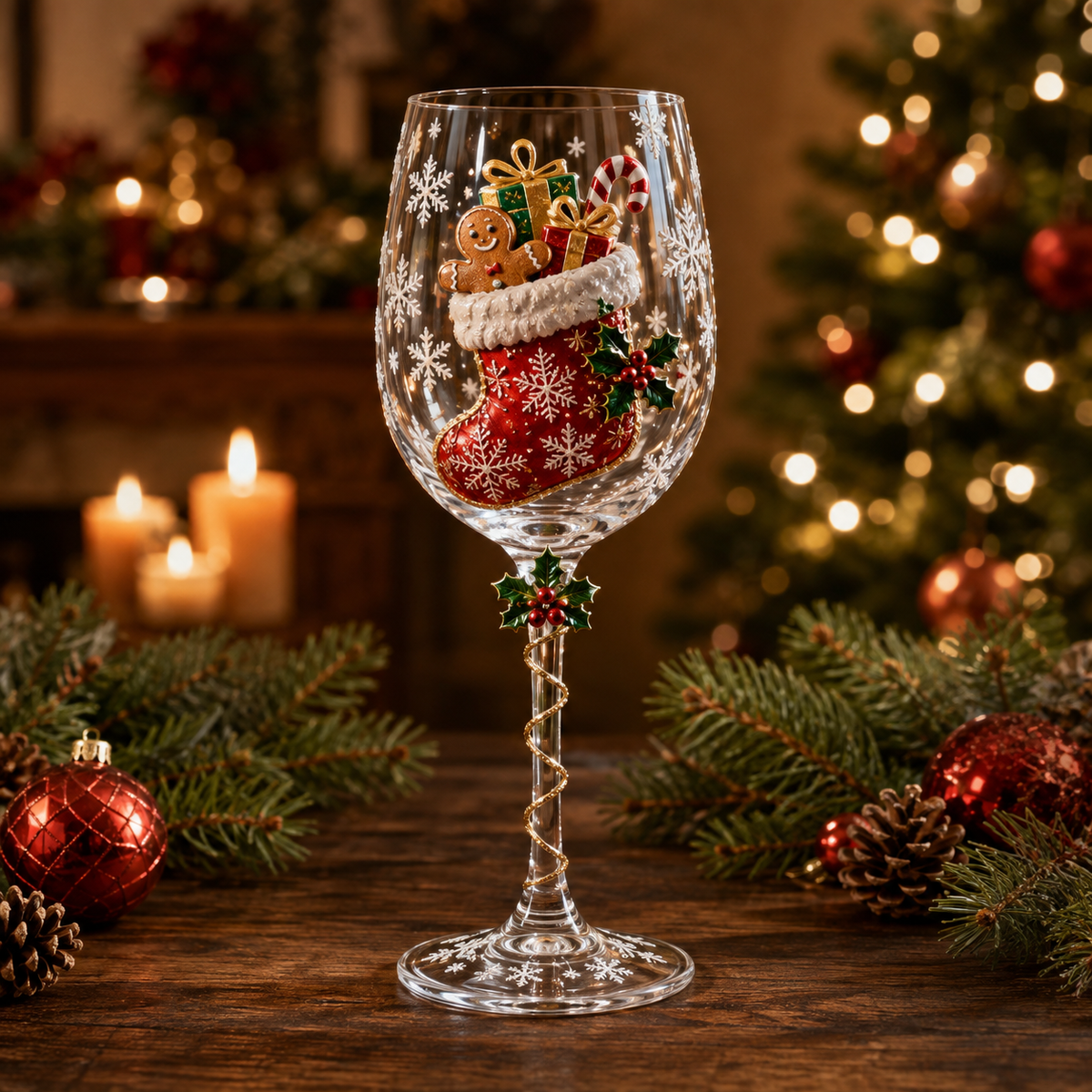 Christmas wine glass with raised 3D Christmas stocking design