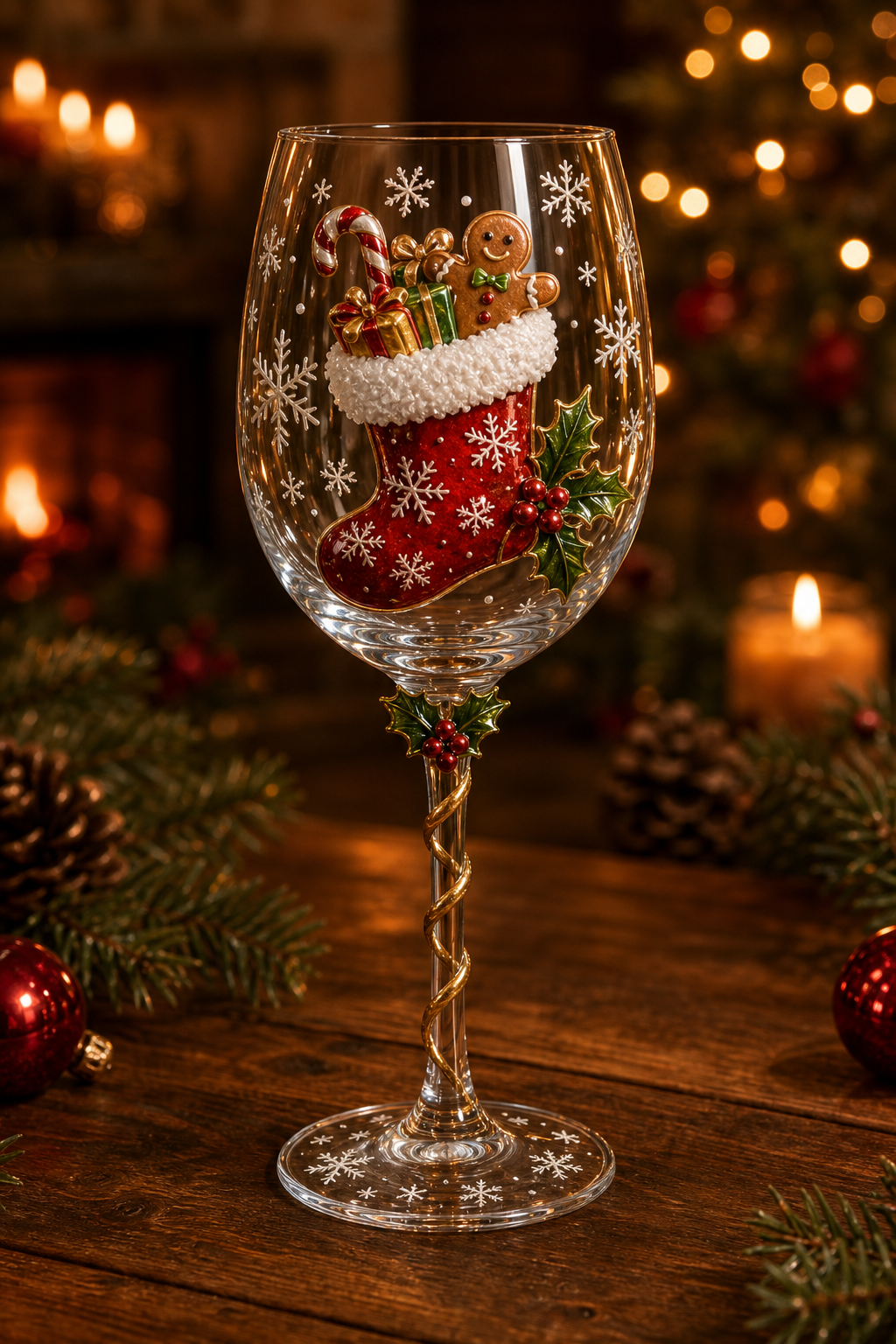 Christmas wine glass with raised 3D Christmas stocking design