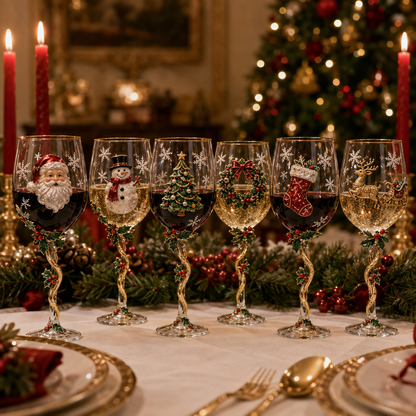 Six Christmas wine glasses set down a Christmas dinner table