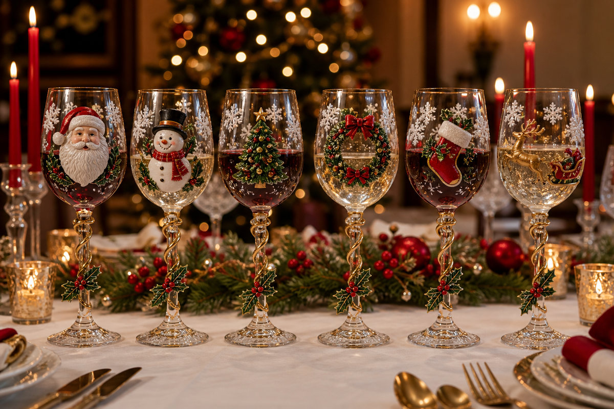 Six Christmas wine glasses set down a Christmas dinner table