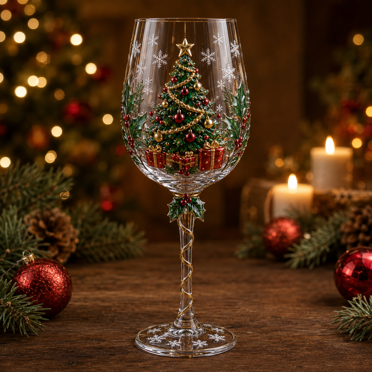 Christmas wine glass with raised 3D Christmas tree design
