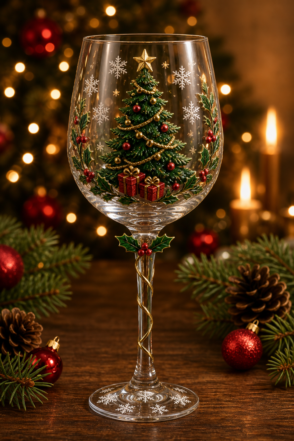Christmas wine glass with raised 3D Christmas tree design