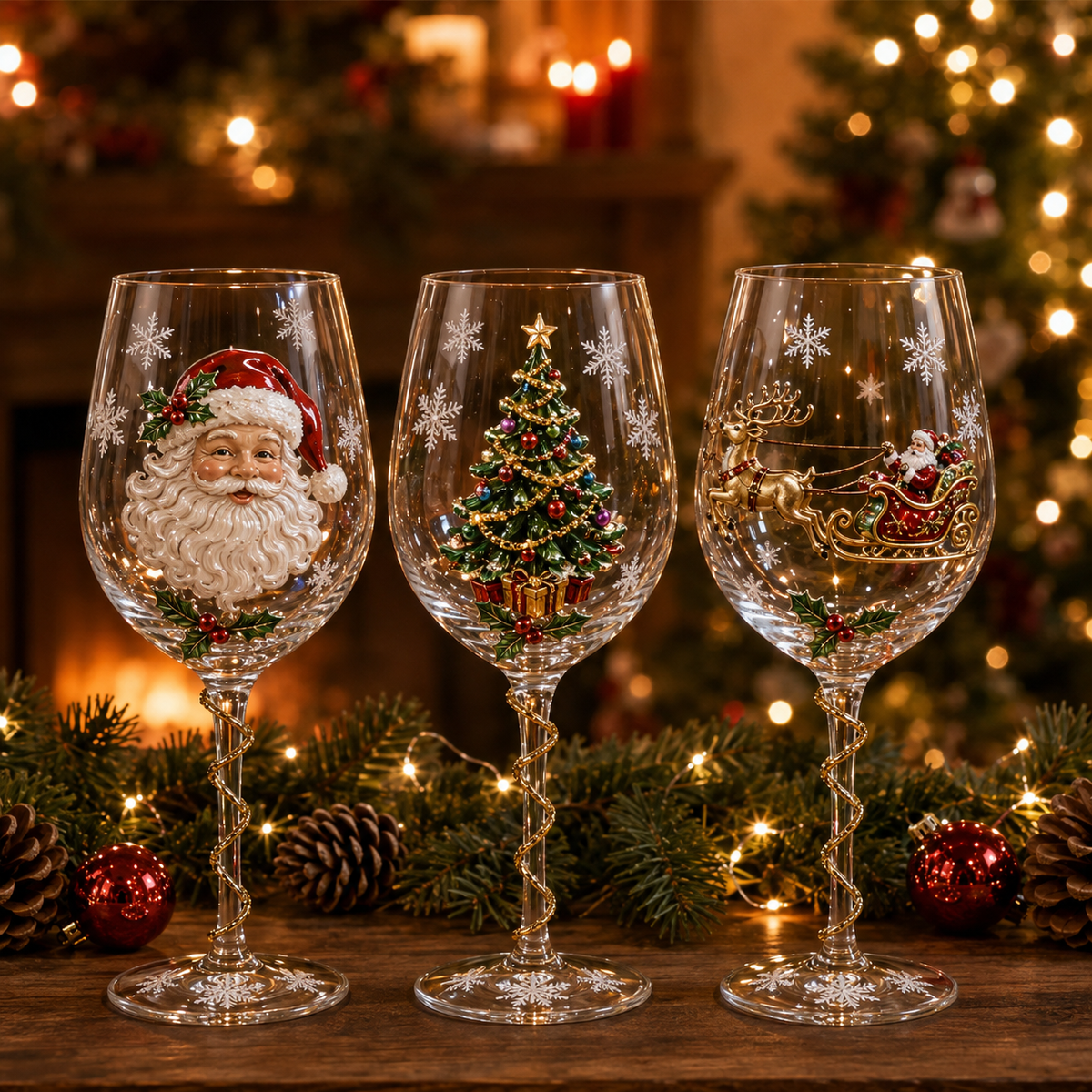 Three Christmas wine glasses on a wooden shelf