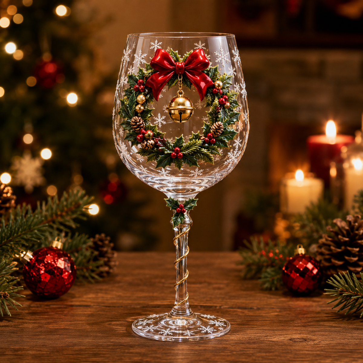 Christmas wine glass with raised 3D holly wreath design