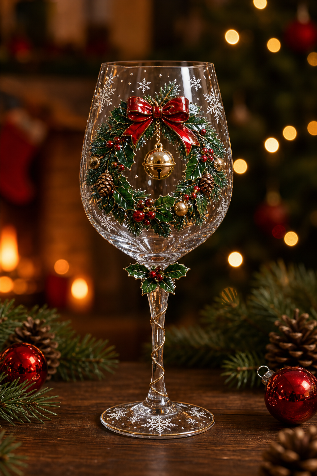 Christmas wine glass with raised 3D holly wreath design
